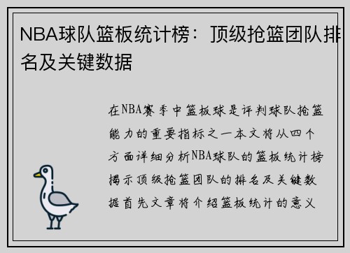 NBA球队篮板统计榜：顶级抢篮团队排名及关键数据