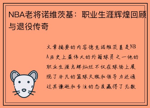 NBA老将诺维茨基：职业生涯辉煌回顾与退役传奇